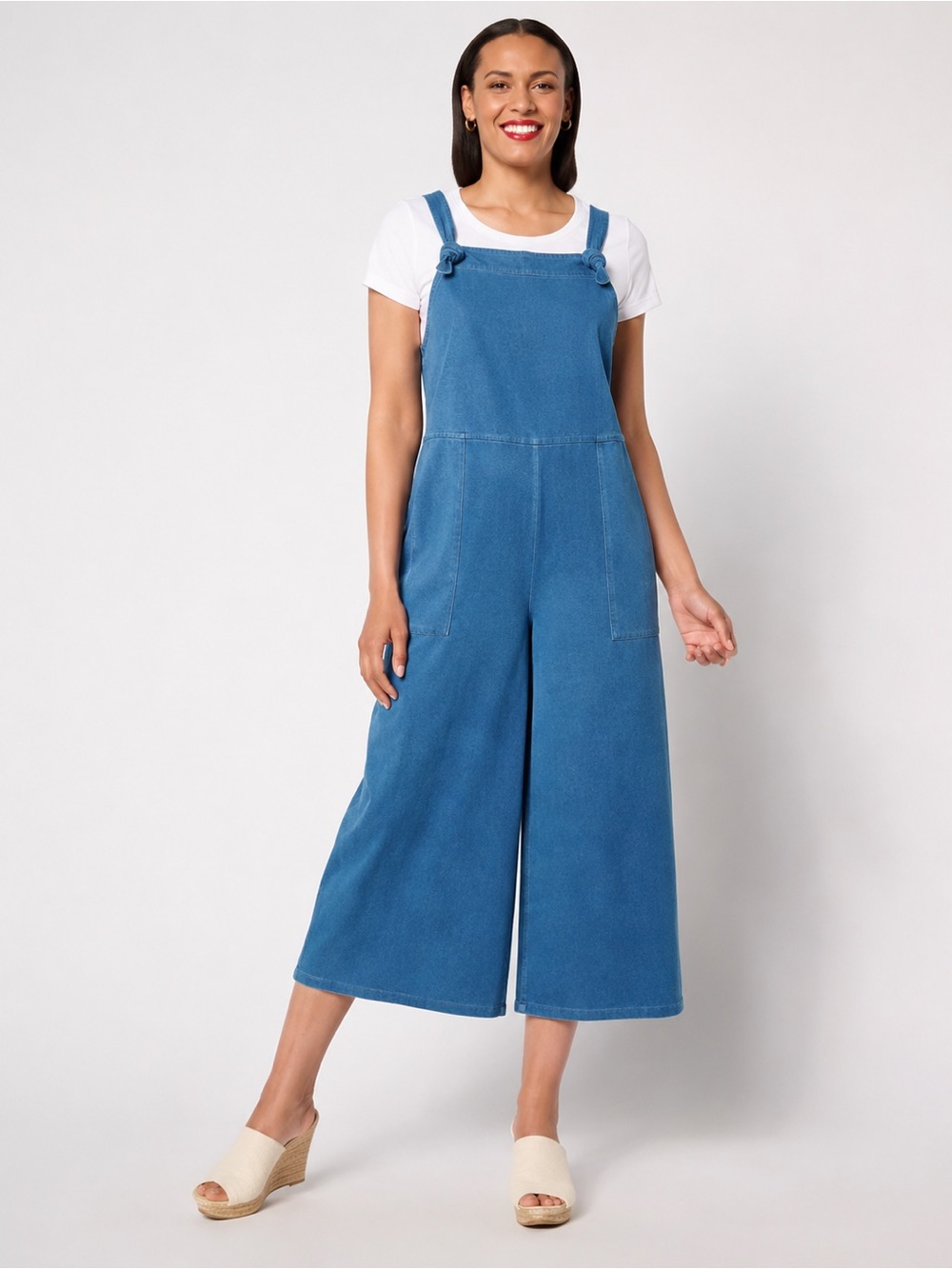 Women With Control Denim Blue Wide Leg Jumpsuit Overalls Pockets Size M‎
